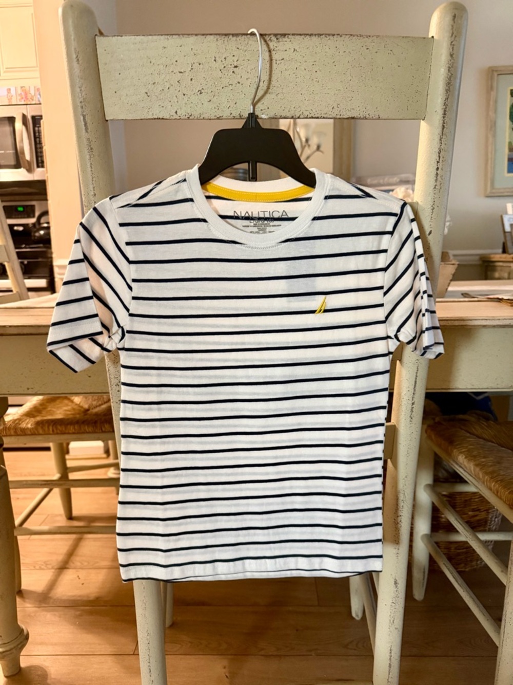 Nautica Boys White & Navy Striped Crew Neck T‑Shirt